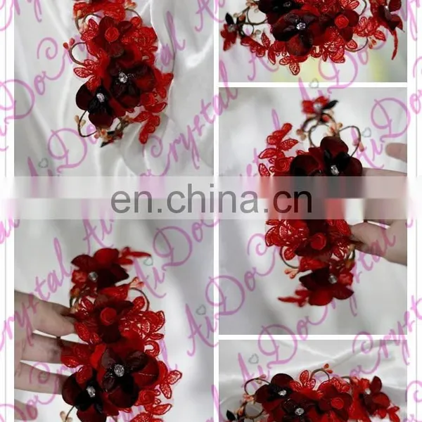 Aidocrystal Deep Red Hairpiece, Red Flower Bridal Hair Flower Headband Headwear photo-4
