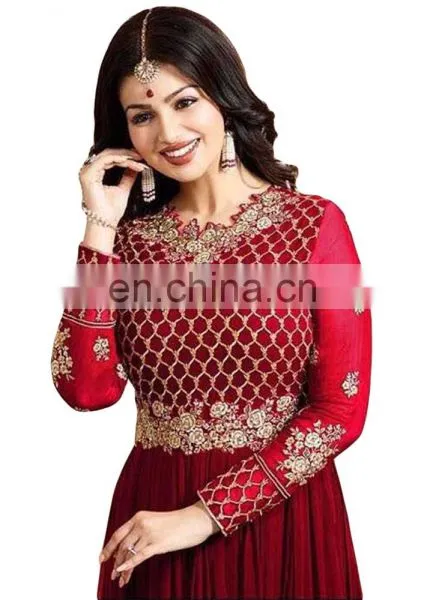 Women's Royal Red Color Engagement Wear Anarkali Suits Semi Stitched Suits 2017 photo-2