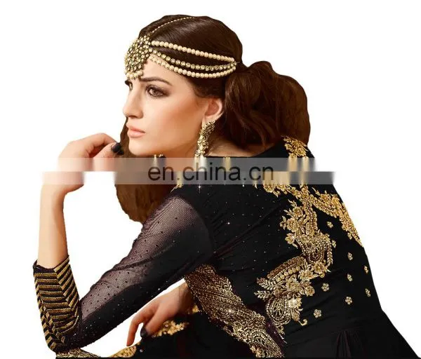 Stylish Women's Black Color Party Wear Anarkali Suits With Flairs Dress Material 2017 (Semi-Stitched) photo-3