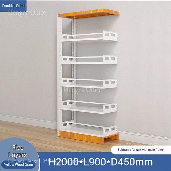 Minimalist Metal Display Shelving With Decorative Wood-Grain Finish and Adjustable Double-Sided Tiers for Coworking Spaces & Concept Bookstores photo-2