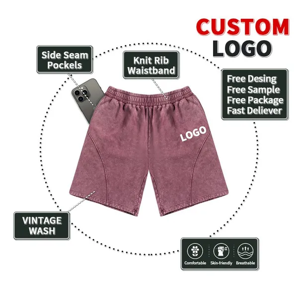 Custom High Quality Embroidered Patch Logo Manufacturer Raw Cut Hem Vintage Streetwear Hip Hop Acid Wash Men's Denim Shorts photo-2