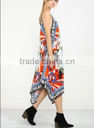 Glamorous Boho Design Spaghetti Strap Dropped Armhole Long Umbrella Dres Tropic Printeds photo-3