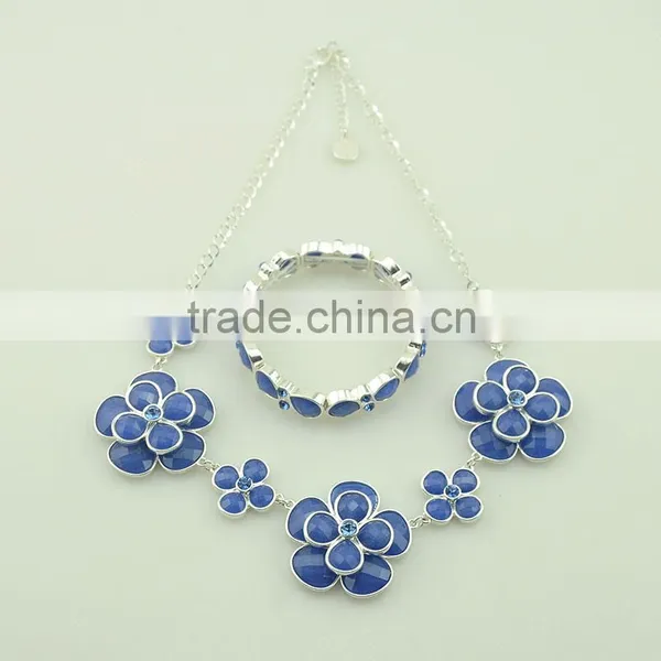 Vintage Blue Double Flower Design Fashion Necklace Rhinestone Alloy Bangles Resin Necklace Set Silver Women Jeweley Set Supplier's Choice photo-2