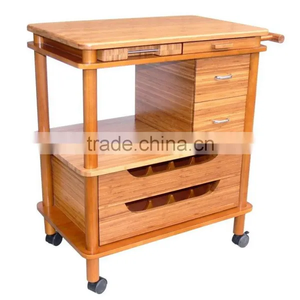 Stylish Modern Wooden Kitchen Serving Trolley With Food Keeping Drawers and Wine Bottle Holders and Casters photo-4
