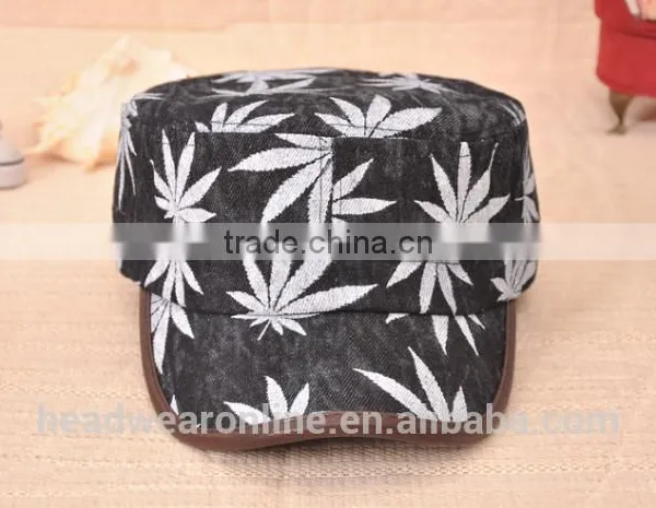Colorful Maple Leaf Printed Denim Military Caps and Hats photo-4