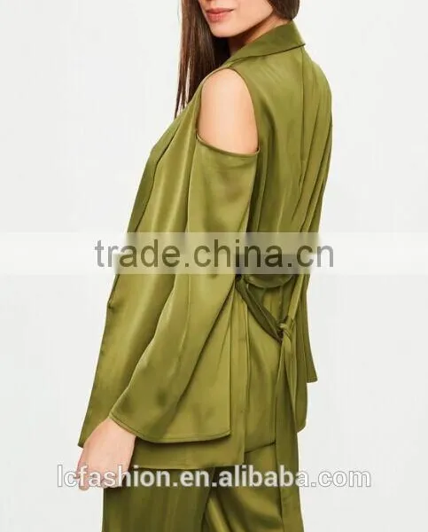 Picture of Office Ladies Cold Shoulder Tie Waist Satin Blazer Green Two Piece Sets for Office Ladies photo-3