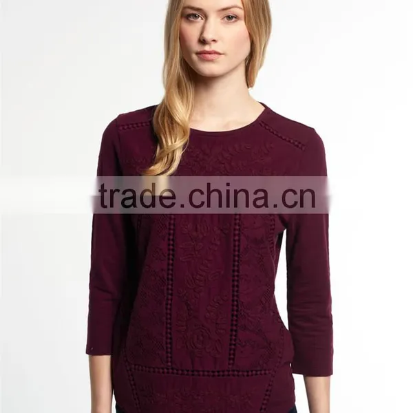 2017 Hot Selling Guangzhou Shandao New Style Women Autumn Casual Wine Red 3/4 Sleeve Round Neck Embroidered Rayon Tops photo-3