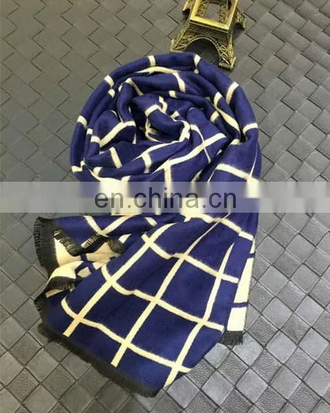 Double Sides Grid Ivory Blue Faux Wool Women Fashion Tartan photo-3