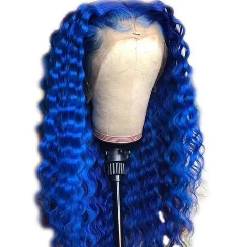 Wholesale 18inch Virgin Cuticle Aligned Pre Plucked Hairline Long Curly Brazilian Blue Human Hair Lace Front Wig