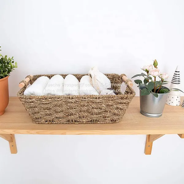 Natural Seagrass Basket With Wooden Handle Handmade Rattan Storage Basket photo-3