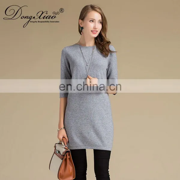 Custom Design Casual Pullover Crew Neck Half Sleeves Pure Cashmere Knitted Women's Sweater Dress photo-4