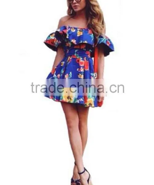 Sexy Shoulders a Word Only Beautiful Ruffled Printed Strap Dress Fashion Dress photo-2
