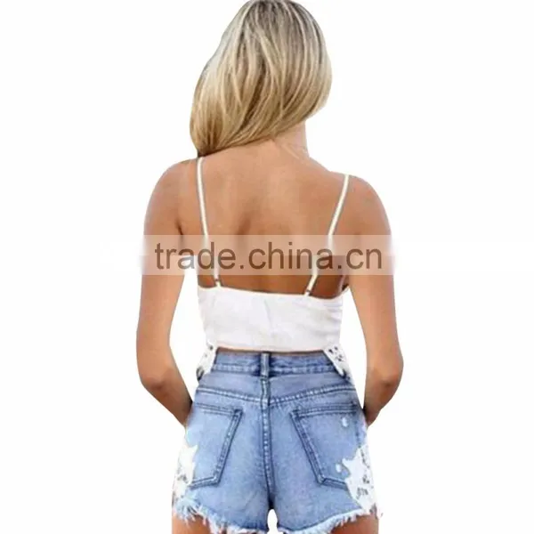 Lace Floral Beading Shorts Wash Rivet Decorated Girls Jeans Pants photo-3