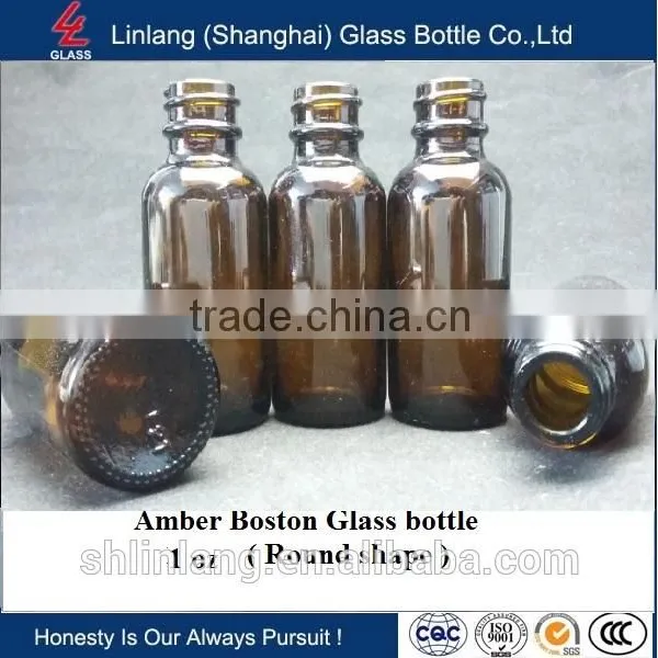 Amber Glass Bottle Boston Round 1oz photo-3