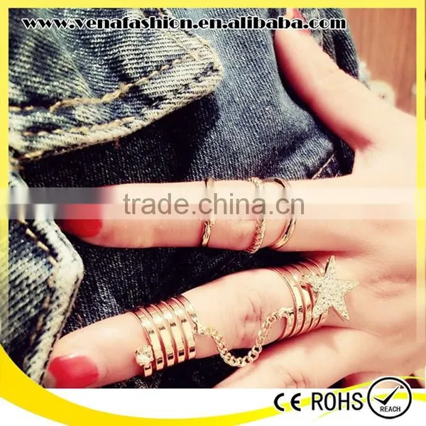 Star Double Finger Ring With Chain, Double Finger Chain Ring