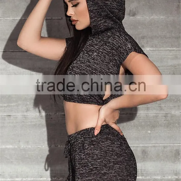 MGOO Custom Made Women Running Jersey Hoodie Black Marled Split Crop Tops Jumpers Fashion Sport Tops photo-2