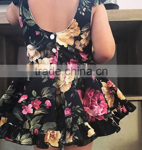 Toddler Girls Fall Autumn Black Burgundy Floral Vintage Boho Short Ruffle Dress photo-4