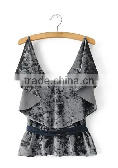 Runwaylover EY2382B Sexy Deep V-Neck 2017 Ladies Falbala Crop Tops photo-5