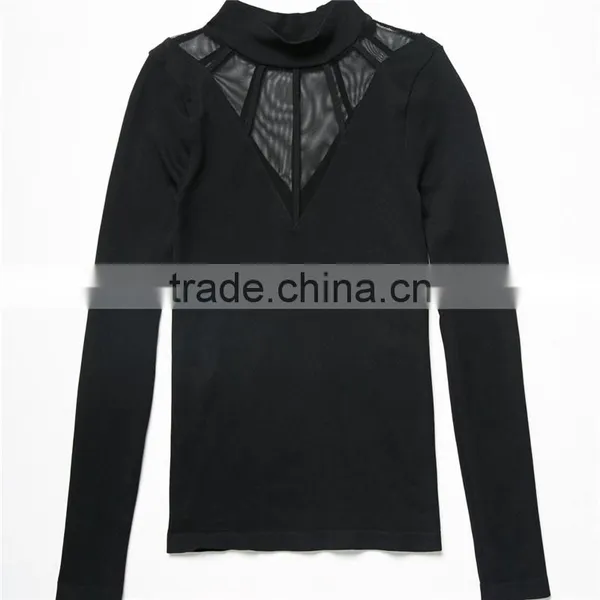 2017 OEM Super Stretchy Cool Sheer Cage Mock Neck Blouse Shopping photo-5