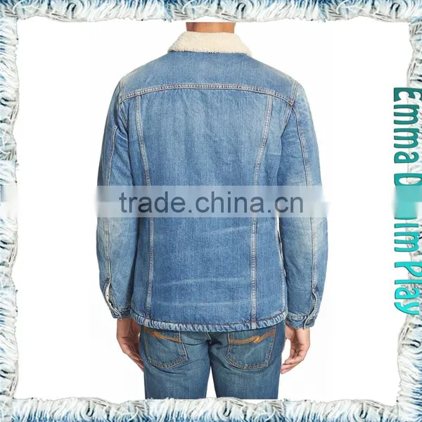 2016 Wholesale Men's Raw Blue Slim Long Sleeve Thick Fleece Lined Winter Denim Jackets photo-3