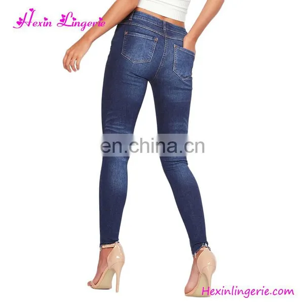Wholesale Fashion Pants Dark Blue Ripped Embroidery Ladies Jeans photo-4