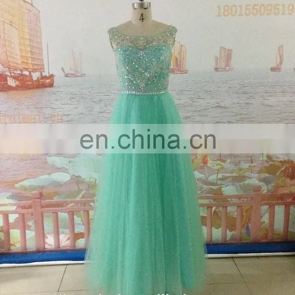 Mint Green Beaded Rhinestones Champagne Color Tulle Long Floor Length High Neck Cap Sleeve Backless Evening Dresses Prom Dress photo-2