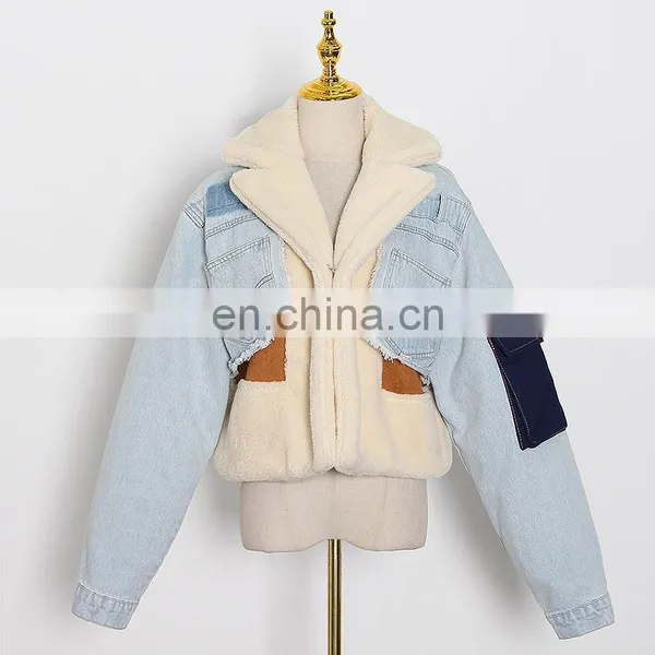 Winter 2020 Women New Fashion Thick Warm Denim Coat Tailored Collar Stitching Contrast Color Lamb Wool Loose-fitting Jacket photo-2