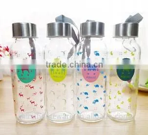 Wholesale New Items Transparent Animal Fashionable Portable Water Glass Bottle With Stainless Steel Lid