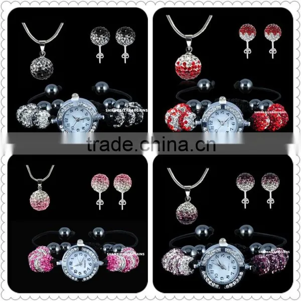 Gradient/pure Color Rhinestone Shamballa Clay Beads Shamballa Watch Set Braclet Watch/Necklace Pendant/Stud Earrings SetsBS068