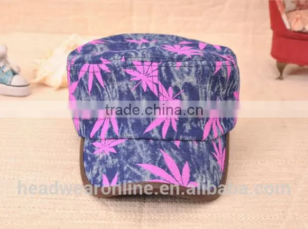 Colorful Maple Leaf Printed Denim Military Caps and Hats photo-2