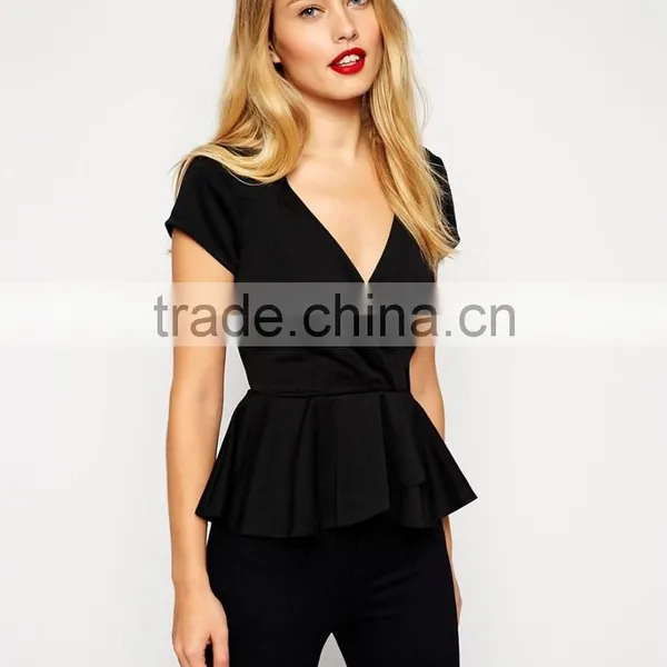 Latest Arrival Wrap Front Peplum V-shaped Neckline Top With Gold Bar photo-2