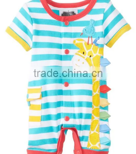 Red and Write Stripe Applique Bear Organic Cotton Summer Wear Short Sleeve Wholesale Pattern Custom Made Kids Jumpsuit photo-3