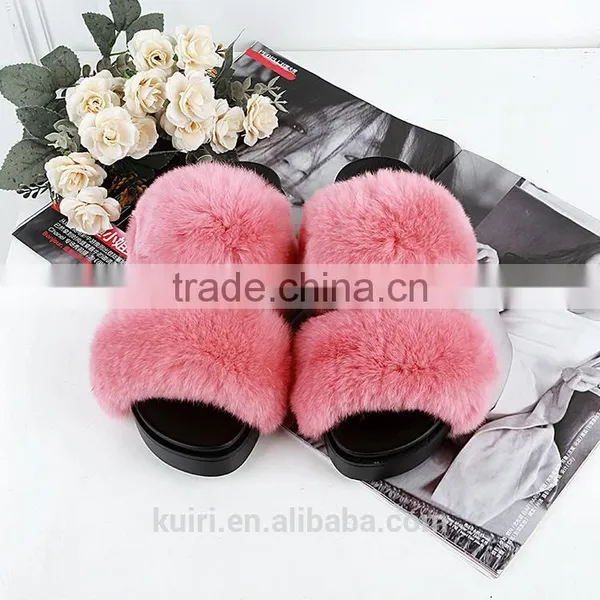 Rabbit Fur Women Fur Slippers Fashion Warm Gladiator Sandals Ladies Summer Flats Casual Platform Slides Fslipper-5 photo-3