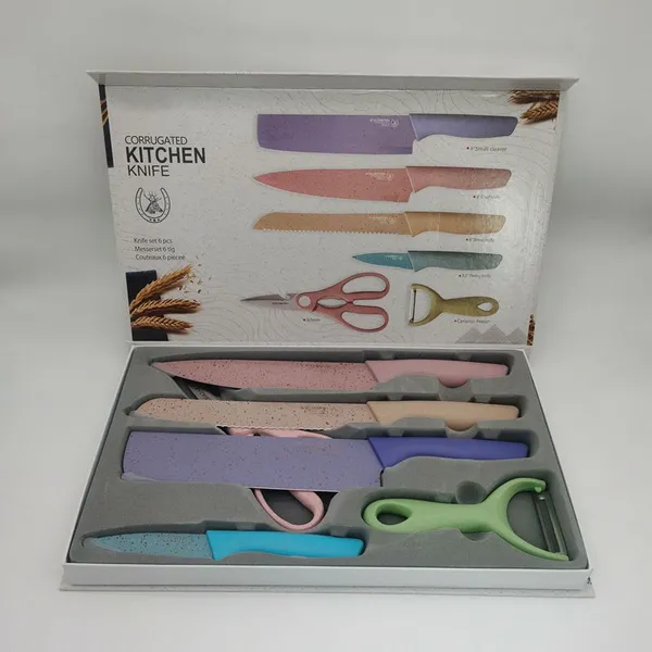 6pcs Colorful Wheat Straw Stainless Steel Kitchen Knife Set With Gift Box Packing photo-2