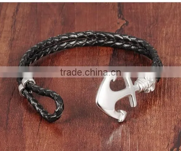 Cheap Stainless Steel Skull Boat Anchor Double Braided Leather Bracelet Punk Rock Style photo-4