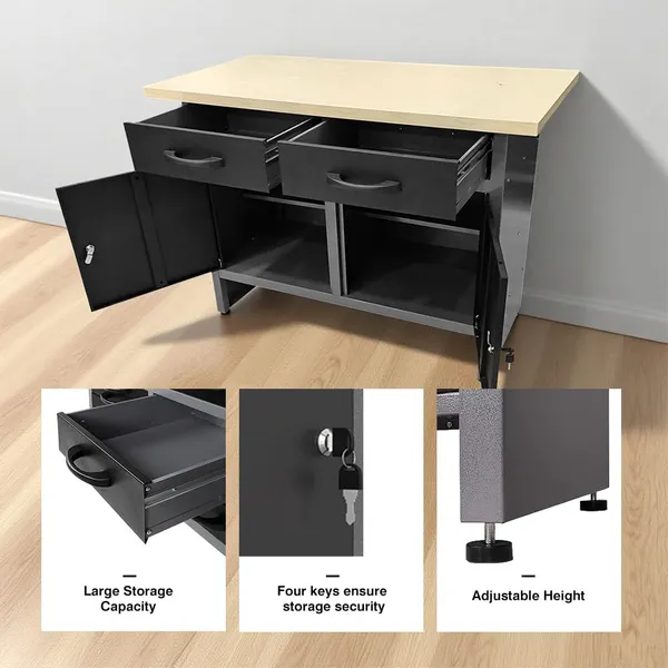 Steel Workbench With Two Drawers and Two Cabinets, Includes 3 Metal Pegboards and 22 Hooks, photo-3
