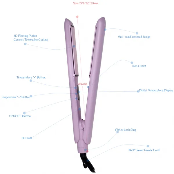 Ceramic Tourmaline Coating Ionic Hair Straightener Flat Iron, 5 Temp Settings 150-230°C, PTC Fast Heating, 3D Floating Plates photo-3