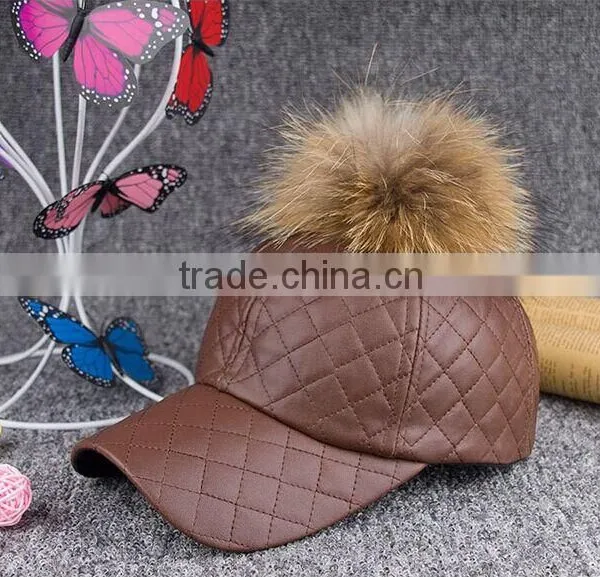 Fashion Plaid Sport Hat With Real Raccoon Fur Balls PU Leather Snapback Baseball Caps With Animal Fur Pompoms photo-5
