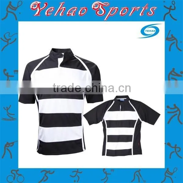OEM Custom Short Sleeve Plain Striped Rugby Shirts in Black and White photo-2