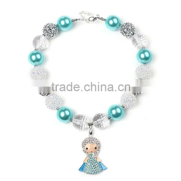 Blue Neckalce With Cute Girl Doll and Satin Bow Flower Hairband Wholesale Baby Girls Chunky Necklace and Hairband photo-5