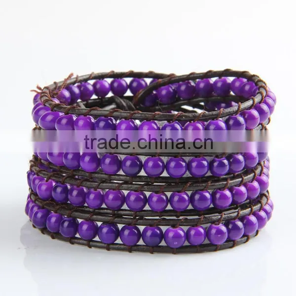 Fashion Bead Bracelet Jewelry Purple Glass Charm Bracelet Women Multilayer Woven Leather Wrapped Bracelet Bangle Wholesale