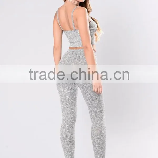 Two Piece Outfits Women Spaghetti Straps Heathered Ribbed Crop Top Sweatpants Jogger 2 Piece Men Women Suits photo-4