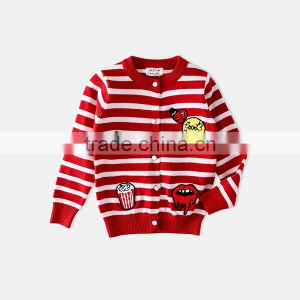 S60600B Girl Stripe Sweaters Cartoon Patch Girls Cardigan Cotton Outerwear photo-4