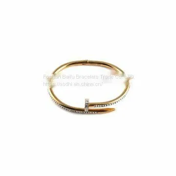 Fashion Stainless Steel Rhinestone Nail Style Openable Bangle Bracelet for Women Girl Jewelry