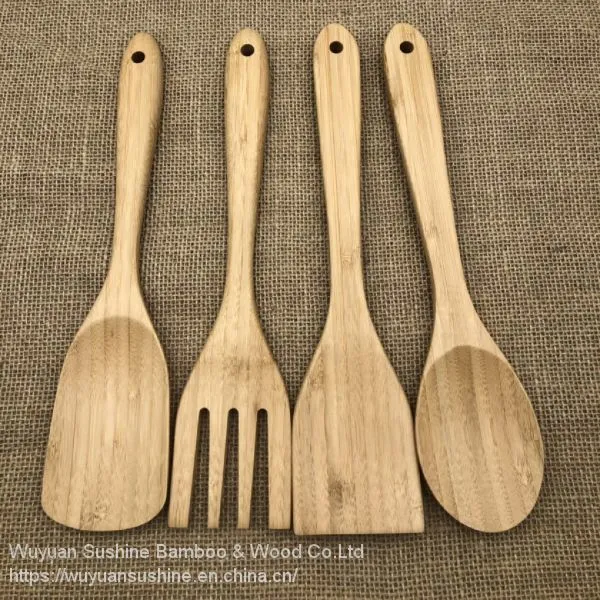 4 Pieces Flatware Set,Contains Spatulas, Fork and Spoon, Made of Bamboo