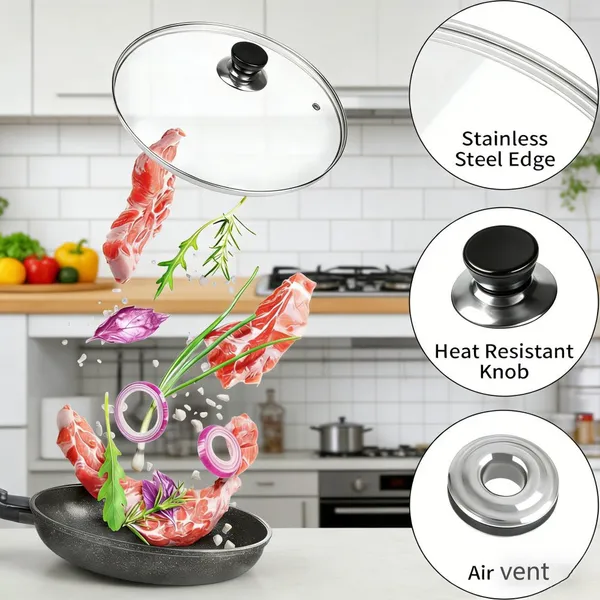 Eco Friendly Tempered Glass Pot Cover OEM ODM Heat Resistant Universal Kitchen Cookware Lid With Stainless Steel Edge photo-2