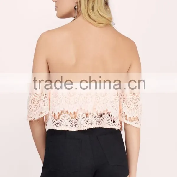 2016 Off Shoulder Pink Lace Crop Top photo-3
