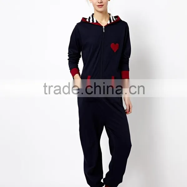 Ladies Petite Embroidered With Contrast Color Cuff Onesie Pajamas With Hood photo-4