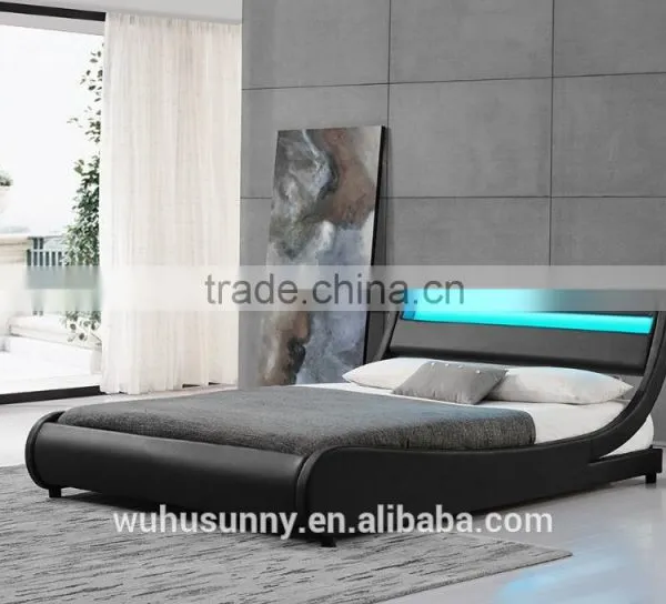 Stunning Curve Shape Black Leather Bed With LED Headboard