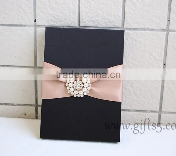 Black Color Silk Wedding Invitation Box With Crown Brooch Embellishment photo-2